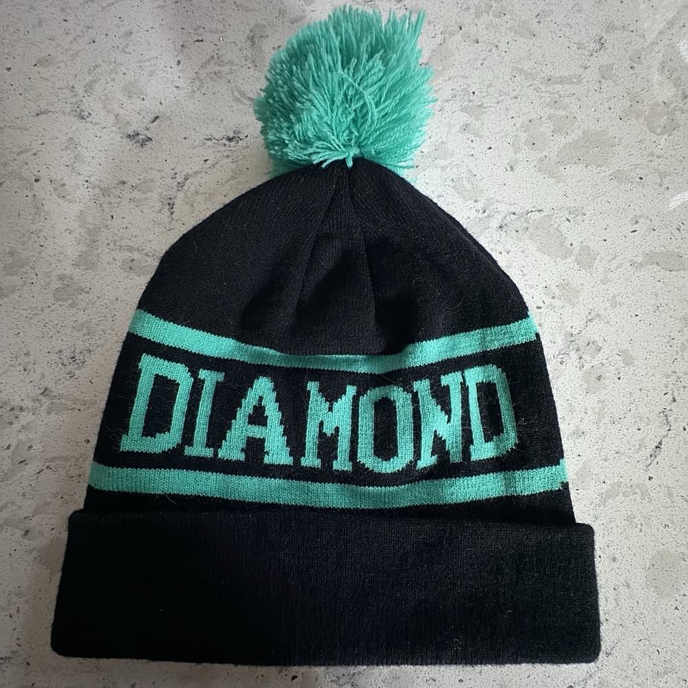 Diamond Supply Co Beanie Pom Pom Hat Toque Black Teal One Size Fold Unisex